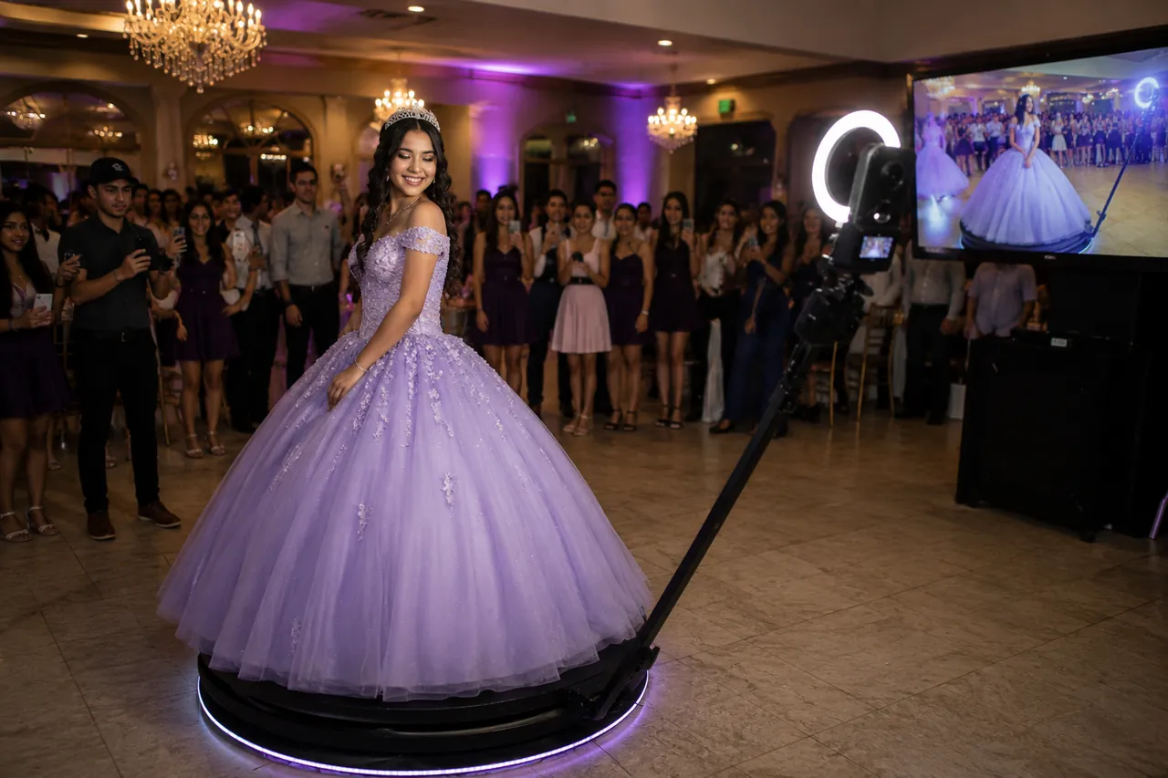 A quinceañera in a lilac gown on the 360 booth platform