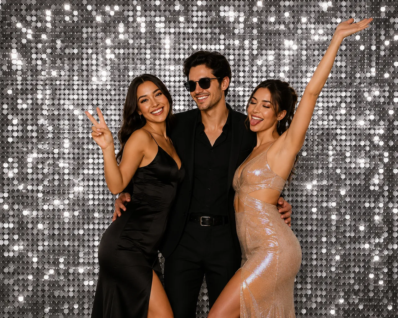 Guests posing in front of the Silver Sparkle backdrop