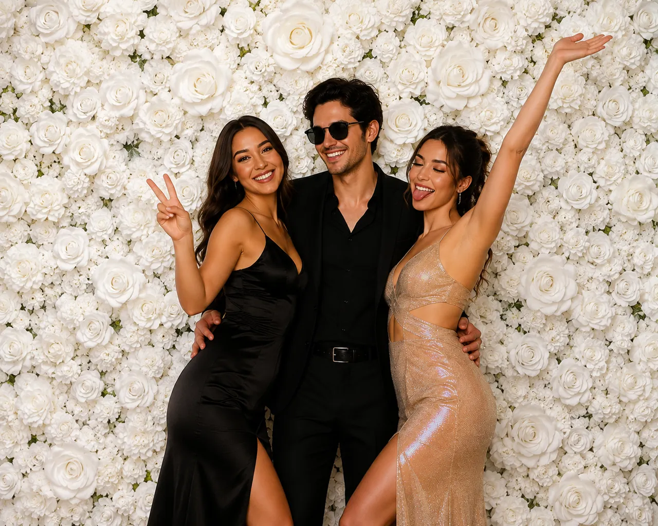 Guests posing in front of the White Flowers backdrop