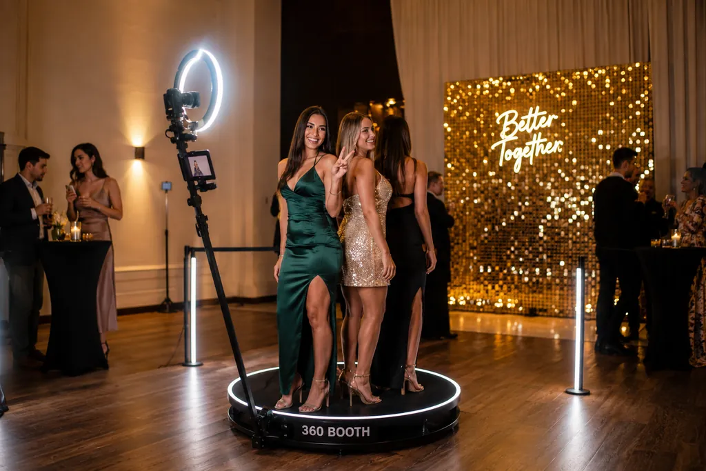Guests posing on the 360 video booth platform beside a gold sequin wall